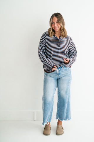 Hometown Stripe Henley Sweater - Brown