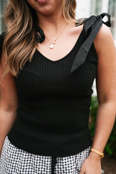 Knotted Shoulder Ribbed Sweater Tank - Black