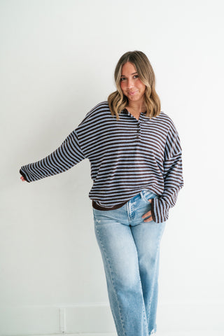Hometown Stripe Henley Sweater - Brown