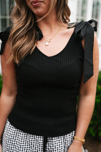 Knotted Shoulder Ribbed Sweater Tank - Black