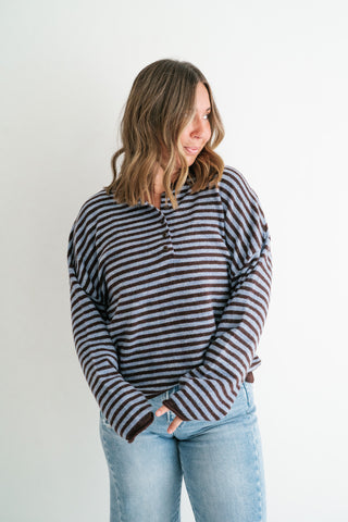 Hometown Stripe Henley Sweater - Brown