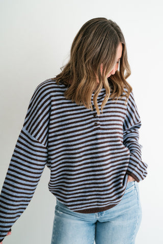 Hometown Stripe Henley Sweater - Brown