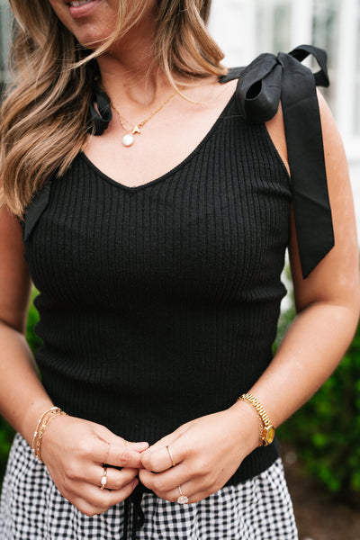 Knotted Shoulder Ribbed Sweater Tank - Black
