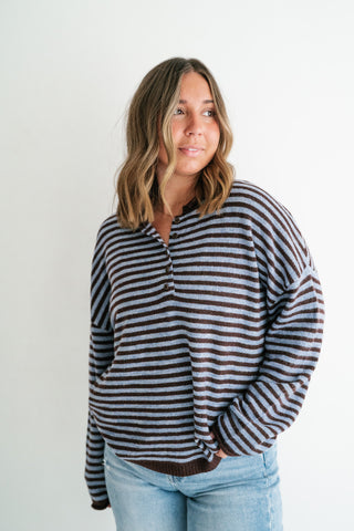 Hometown Stripe Henley Sweater - Brown