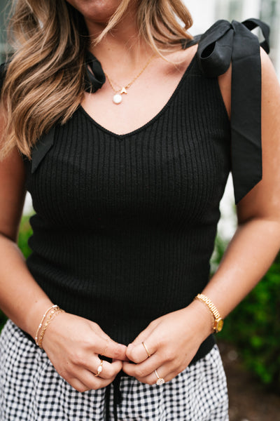 Knotted Shoulder Ribbed Sweater Tank - Black