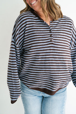 Hometown Stripe Henley Sweater - Brown