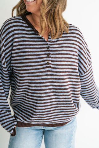 Hometown Stripe Henley Sweater - Brown
