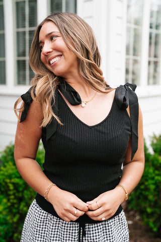 Knotted Shoulder Ribbed Sweater Tank - Black