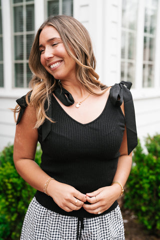 Knotted Shoulder Ribbed Sweater Tank - Black