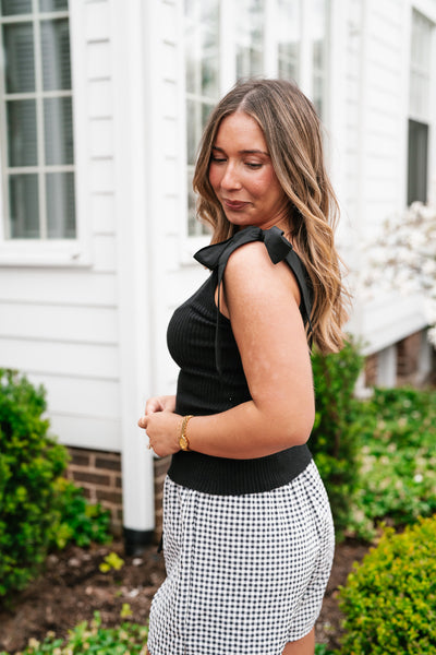 Knotted Shoulder Ribbed Sweater Tank - Black