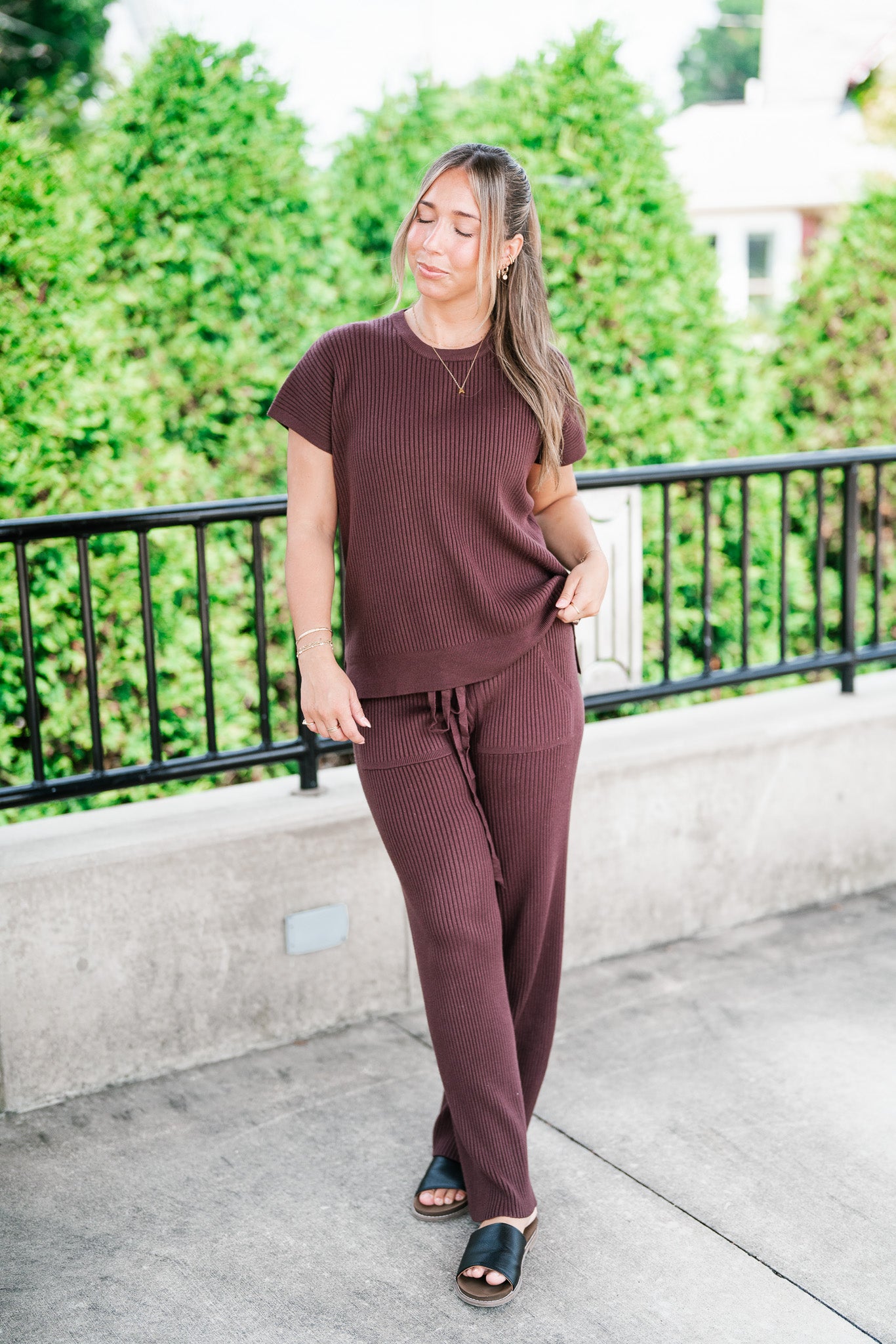 Comfort Breeze Ribbed Sweater Top - Brown