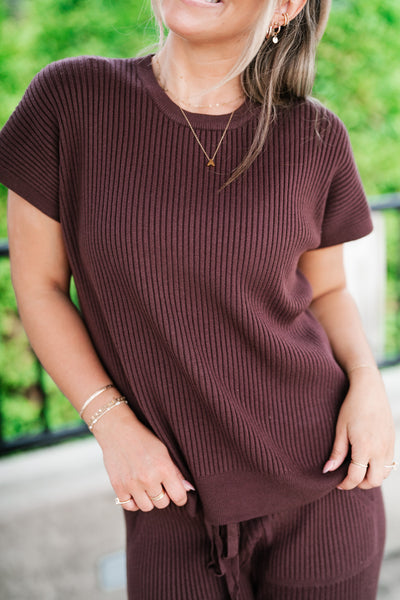 Comfort Breeze Ribbed Sweater Top - Brown