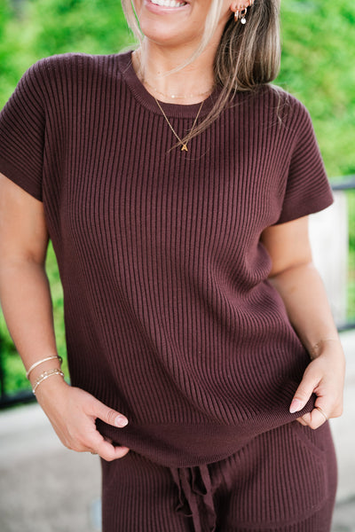 Comfort Breeze Ribbed Sweater Top - Brown