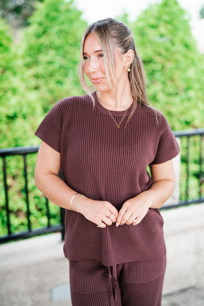 Comfort Breeze Ribbed Sweater Top - Brown