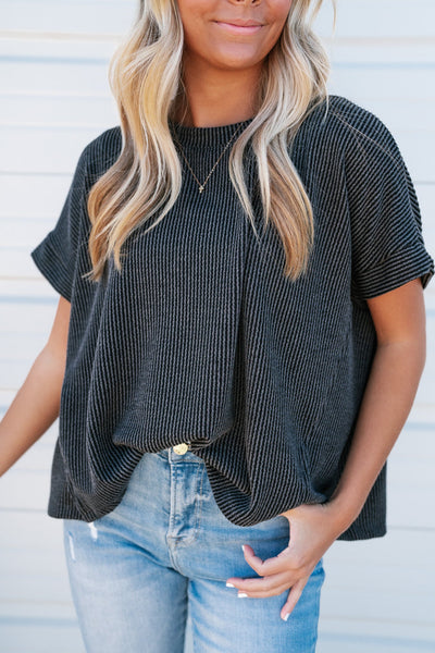 Summer Days Short Sleeve Ribbed Top- Charcoal