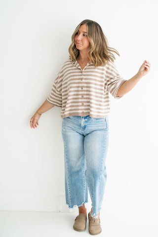 Weekend Stripe Knit Cardigan - Light Mocha