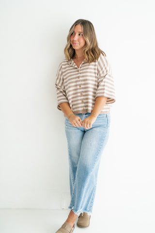 Weekend Stripe Knit Cardigan - Light Mocha