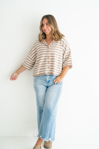 Weekend Stripe Knit Cardigan - Light Mocha