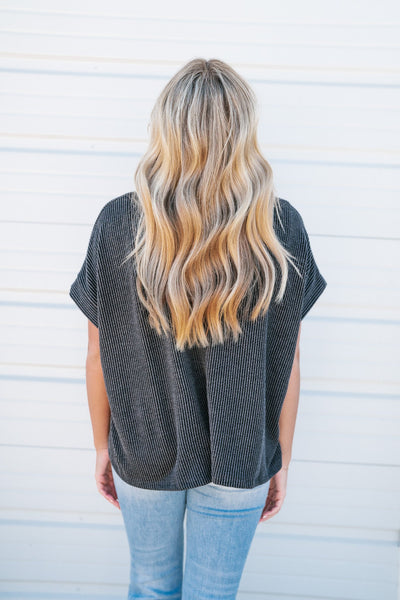 Summer Days Short Sleeve Ribbed Top- Charcoal