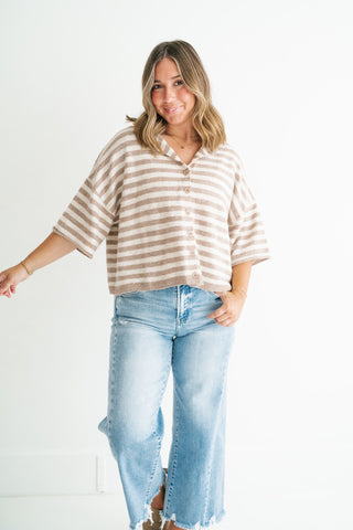 Weekend Stripe Knit Cardigan - Light Mocha