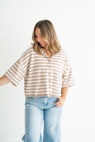 Weekend Stripe Knit Cardigan - Light Mocha