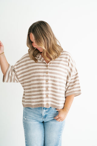 Weekend Stripe Knit Cardigan - Light Mocha