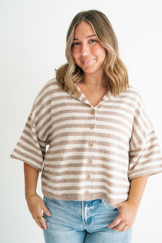 Weekend Stripe Knit Cardigan - Light Mocha