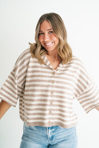 Weekend Stripe Knit Cardigan - Light Mocha