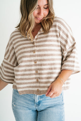 Weekend Stripe Knit Cardigan - Light Mocha