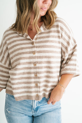 Weekend Stripe Knit Cardigan - Light Mocha