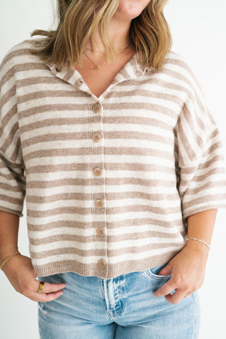 Weekend Stripe Knit Cardigan - Light Mocha
