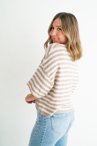 Weekend Stripe Knit Cardigan - Light Mocha