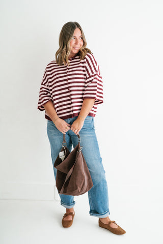 Weekend Stripe Knit Cardigan - Burgundy