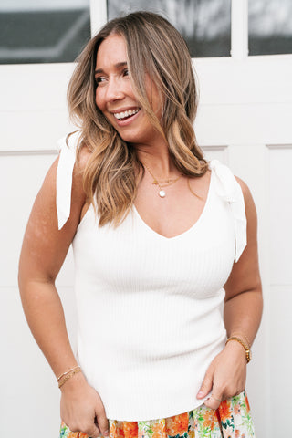 Knotted Shoulder Ribbed Sweater Tank - Off White
