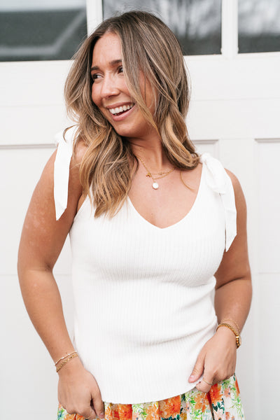 Knotted Shoulder Ribbed Sweater Tank - Off White