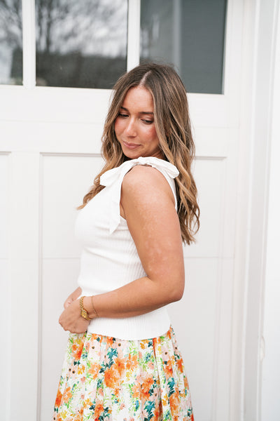 Knotted Shoulder Ribbed Sweater Tank - Off White