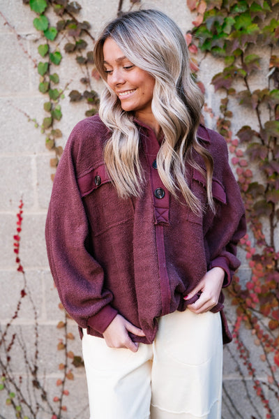 Alix Terry Knit Collared Top- Burgundy