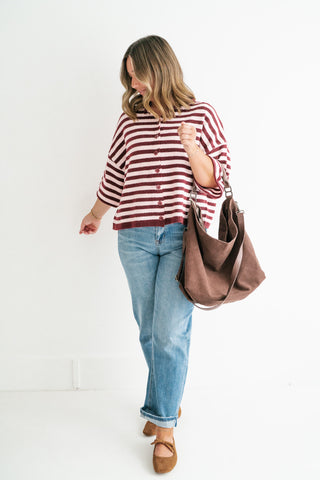 Weekend Stripe Knit Cardigan - Burgundy
