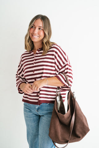 Weekend Stripe Knit Cardigan - Burgundy
