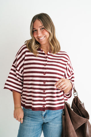 Weekend Stripe Knit Cardigan - Burgundy