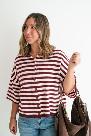 Weekend Stripe Knit Cardigan - Burgundy