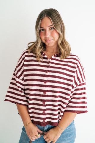 Weekend Stripe Knit Cardigan - Burgundy