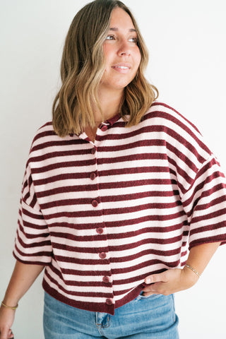 Weekend Stripe Knit Cardigan - Burgundy