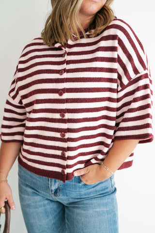 Weekend Stripe Knit Cardigan - Burgundy