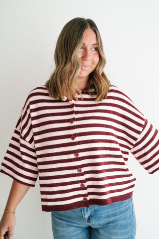 Weekend Stripe Knit Cardigan - Burgundy