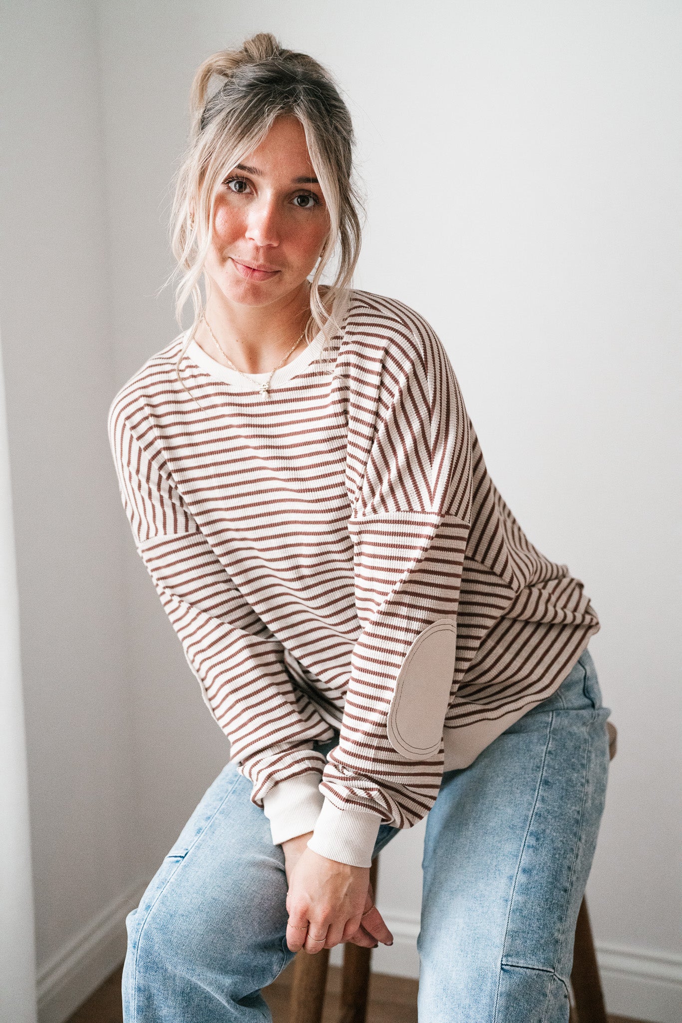 Monday Morning Waffle Knit Striped Long Sleeve Top - Coffee