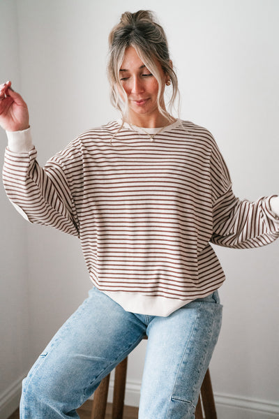 Monday Morning Waffle Knit Striped Long Sleeve Top - Coffee