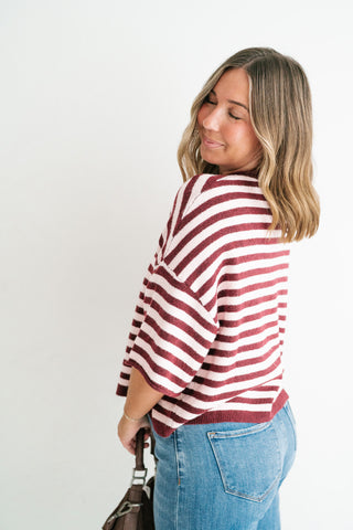 Weekend Stripe Knit Cardigan - Burgundy