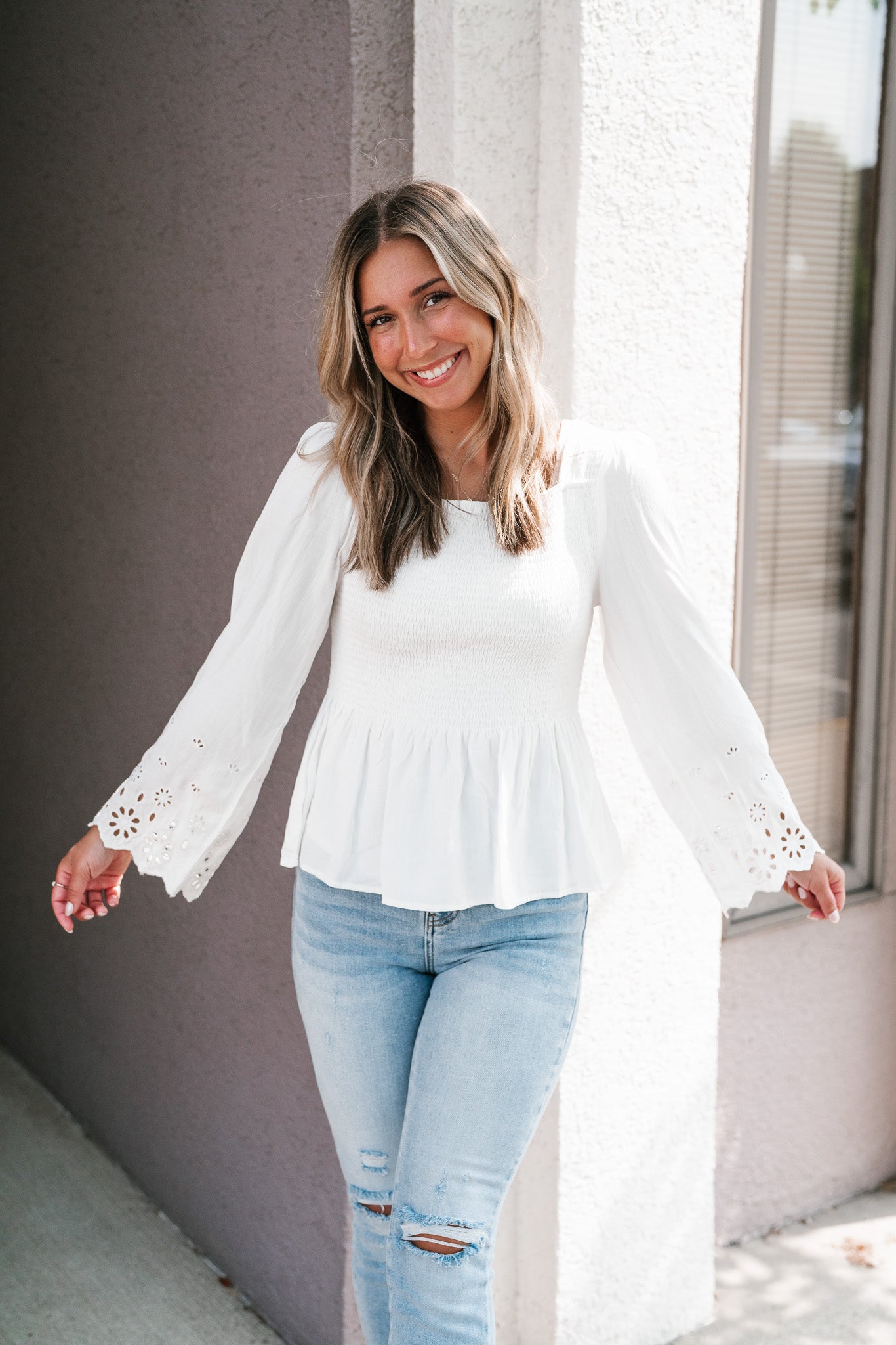 Arwen Eyelet Sleeve Smocked Top