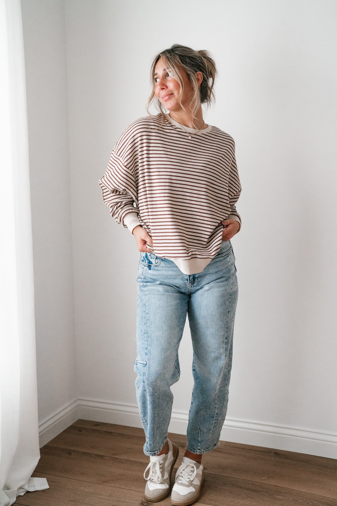 Monday Morning Waffle Knit Striped Long Sleeve Top - Coffee